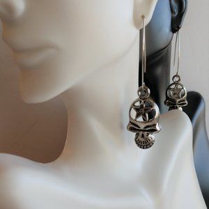 Handmade Silver Tibetan Skull Earrings On Silver Tone Boomerang Wires  2.75 Inch